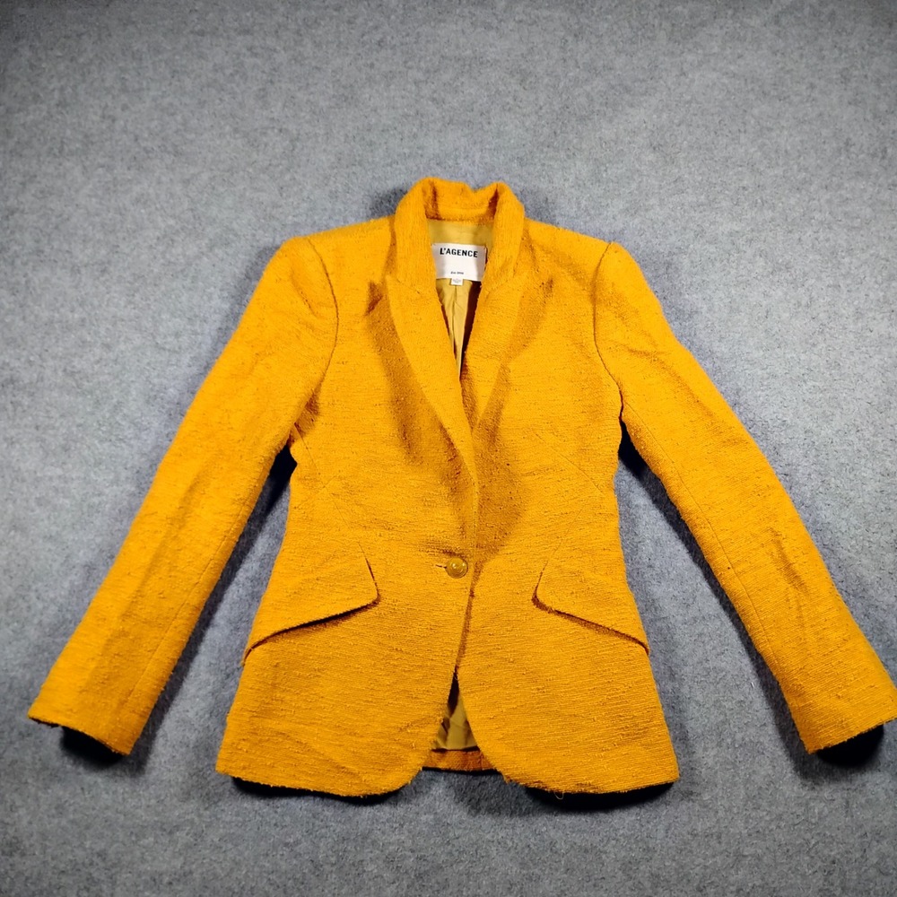 L'Agence Womens Mustard Yellow Boucle Tweed Single Button Tailored Blazer Size 0
